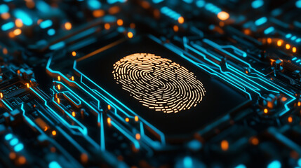 A glowing fingerprint scan on a futuristic digital interface with neon lighting