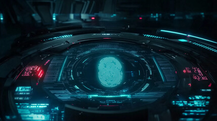 A glowing fingerprint scan on a futuristic digital interface with neon lighting