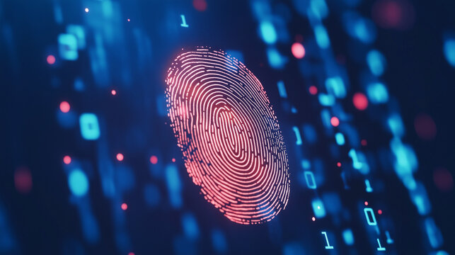 A glowing fingerprint scan on a futuristic digital interface with neon lighting
