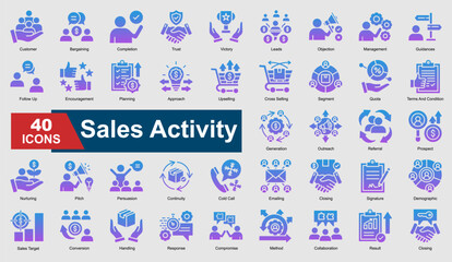 A collection set of gradient glyph Sales Activity icons. Includes conversion, leads, trust, closing, follow-up, and more. Perfect for illustration and design.