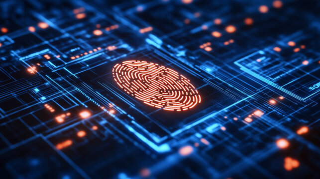 A glowing fingerprint scan on a futuristic digital interface with neon lighting