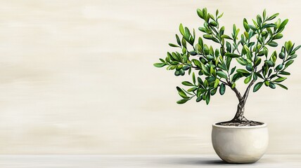 Lush Green Olive Tree in a Decorative Pot Against a Soft Neutral Background for Tranquil Home Decor