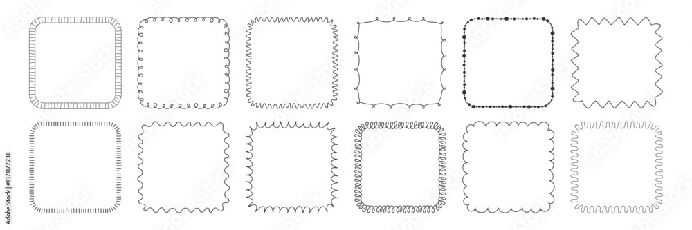 Poster doodle minimalist square black line frame set . simple whimsical borders with sketchy scribble edge.