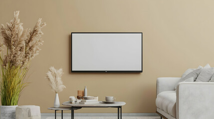 Beige Living Room Interior With Empty Tv Display