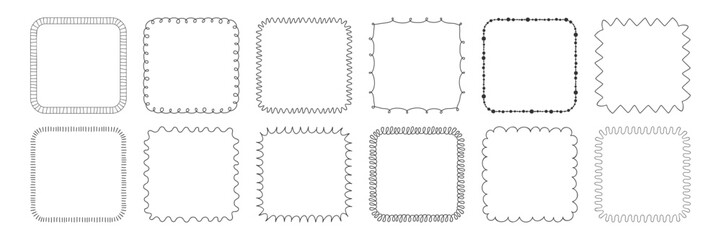 Doodle minimalist Square Black line frame Set . Simple Whimsical borders with sketchy scribble edge. Template for invitation, poster, card, scrapbook, label, social media, Child creative design