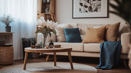 Aesthetic composition of warm living room interior with mock up poster frame, boucle sofa, wooden coffee table, round carpet, vase with magnolia and personal accessories. Home decor. Template.