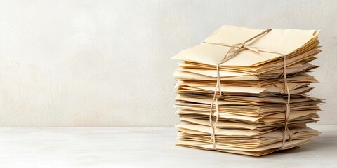 Stacked Bundles of Aged Paper Documents Tied with Twine on Light Background for Office or Archive Themes