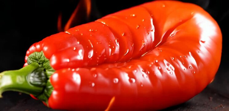 Hot red chili pepper in flames on a black background. Spicy food concept. 4K