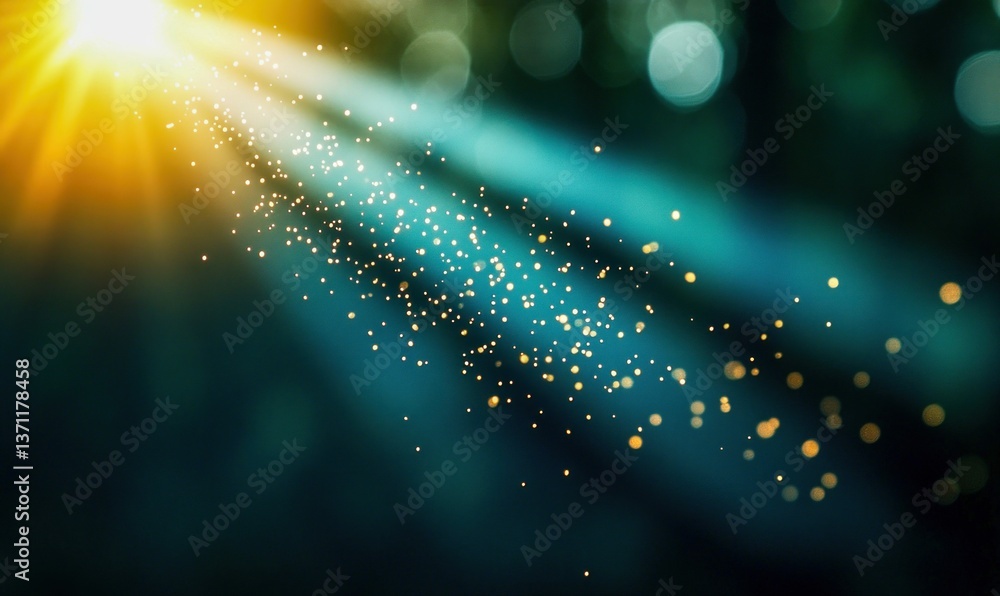 Poster golden sun rays create a magical bokeh effect with sparkling particles in teal and black space.