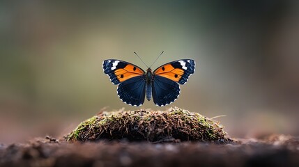 A vibrant butterfly perched on a mossy mound