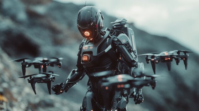 Advanced drone pilot in exosuit commanding autonomous squadron with precision