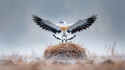 A wading bird in flight, poised on a mound of dried grass