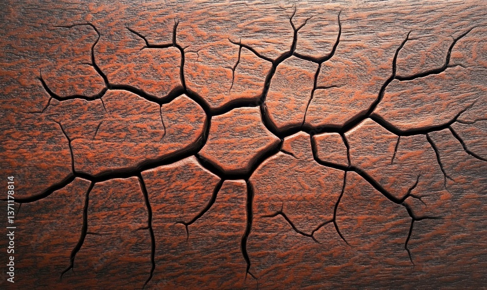 Poster a network of deep cracks spreads across the parched earth, creating a striking abstract pattern.