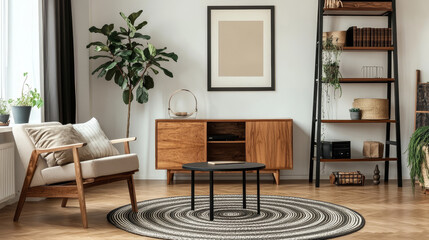 Interior design of cozy living room with mock up poster frame, wooden sideboard, round coffee table,  black ladder, ball, patterned carpet, round pillow and personal accessories. Home decor. Template.
