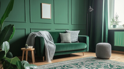 Creative composition of stylish and cozy child room interior design with green wall with bottle greeen sofa, plush pilow, bright carpet, grey plaid and stool with accessories. Copy space. Template.

