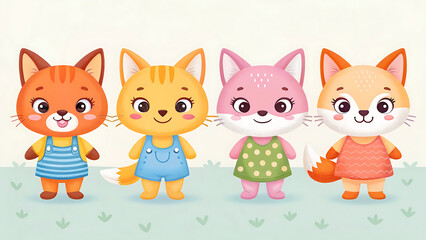 Naklejka premium Four Cute Cartoon Cats and Foxes in a Playful Meadow.