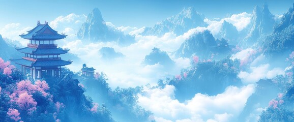 Pagoda perched high amidst cloudy mountains. Blossoming trees add color to the serene landscape