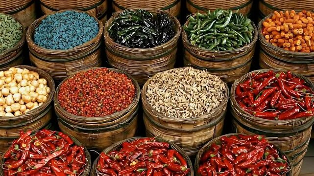 Vibrant spices and dried chilies in rustic wooden baskets at a bustling market.  A colorful still life showcasing the textures and hues of various spices.