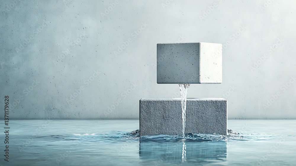 Poster abstract concrete cube sculpture with flowing water