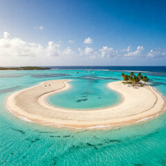 Caribbean small island and beach with U shape surrounded by turquoise water. Perfect location to enjoy a summer holiday.