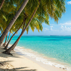 Impressive landscape of a caribbean beach with turquoise blue water and clear bright sky. The palm trees give some shade over  sand while the waves roll on the shore leaving a fine line of white foam