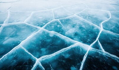 Striking blue ice formations create geometric patterns across the surface of a frozen lake.