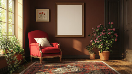Interior design of warm living room with mock up poster frame, copy space, modern red armchair, patterned plaid, vase with flowers, brown wall and personal accessories. Home decor. Template.