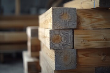 Close up of pine wood beams in workshop with textured grain patterns and soft natural lighting
