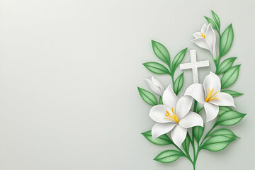 Fototapeta premium White lilies and cross on pale background