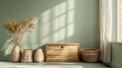 Stylish living room interior design wooden chest of drawers, beige vase and creative home accessories. Sage green wall. Copy space. Template. 