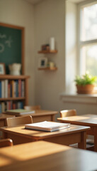 Classroom with wooden desks and natural light illuminating space  