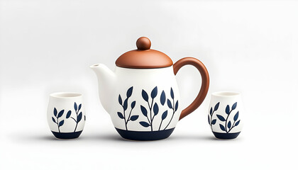 Fototapeta premium White teapot with navy leaf design and two matching cups