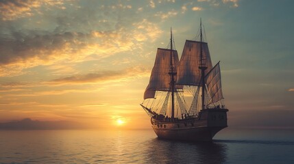 Obraz premium Ancient ship sailing at golden sunset