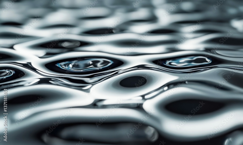 Poster close-up of rippling liquid chrome with subtle textures and light creating a futuristic look.