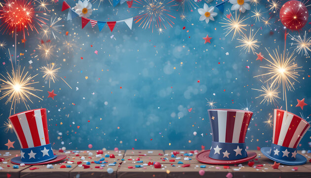 4th of July Background Fireworks  USA Hats