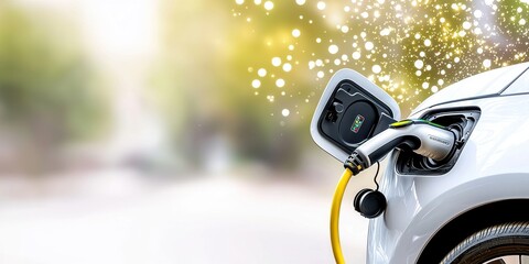 Naklejka premium Electric Vehicle Charging Station with Connector and Outlined Background of Bright Bokeh Lights and Natural Environment