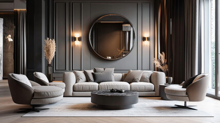 Modern ethnic living room interior with design chaise lounge, round mirror, furniture, carpet, decoration, stool and elegant personal accessories. Template. Stylish home decor.