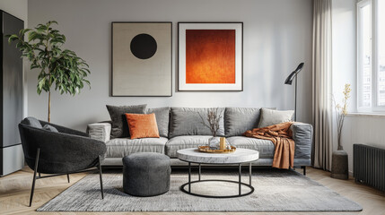 Modern scandinavian home interior of living room with design gray sofa, armchair, marble stool, black coffee table, stylish paintings, decoration and elegant personal accessories in home decor.