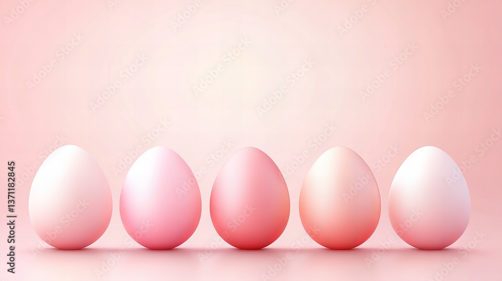 Poster five pastel eggs sit lined up on a pink surface with soft lighting, creating a simple and elegant ar