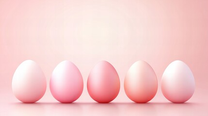 Five pastel eggs sit lined up on a pink surface with soft lighting, creating a simple and elegant arrangement.