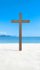 Wooden cross on a tranquil beach under a clear blue sky
