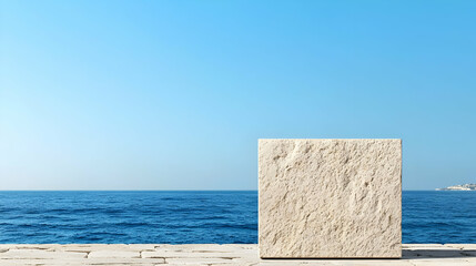 Fototapeta premium Beige Stone Square Monument On Beach With Blue Sea And Clear Sky