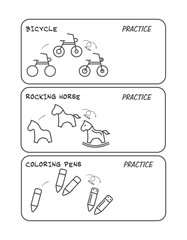 Doodle set of objects from a child's life including pets, toys, food, plants and things for sport and creative activities
