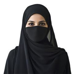 Naklejka premium Portrait of a veiled Islamic woman in a black hijab, showcasing cultural attire and serene expression indoors, Portrait of a veiled islamic woman wearing black hijab isolated on transparent background