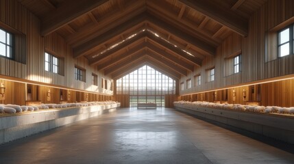 Modern Barn Interior Design: Sheep Housing in a Spacious Wooden Structure with Large Windows