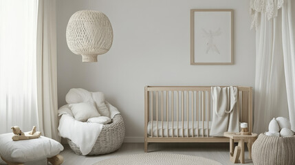 The modern scandinavian newborn baby room with mock up photo frame, wooden toys and children's cup. Hanging cotton lamps and white cloud. Minimalistic and cozy interior with white walls. Real photo.