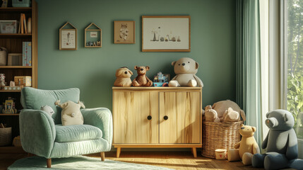 Scandinavian nursery room with wooden cabinet, mint armchair, natural teddy bears and plush animal toys. Cute modern interior of playroom with eucalyptus walls, baby accessories and toys. Copy space.
