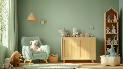 Scandinavian nursery room with wooden cabinet, mint armchair, natural teddy bears and plush animal toys. Cute modern interior of playroom with eucalyptus walls, baby accessories and toys. Copy space.