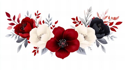 Floral arrangement showcases red, white, and black blossoms accompanied by grey and red hued foliage on a white background.
