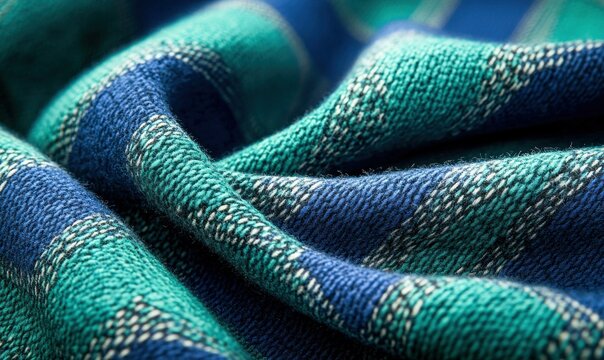 Detailed close-up of draped teal and navy blue flannel fabric creates a cozy, textured background.